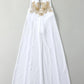 White wedding dress with gold floral lace applique, elegant bridal gown for women's fashion