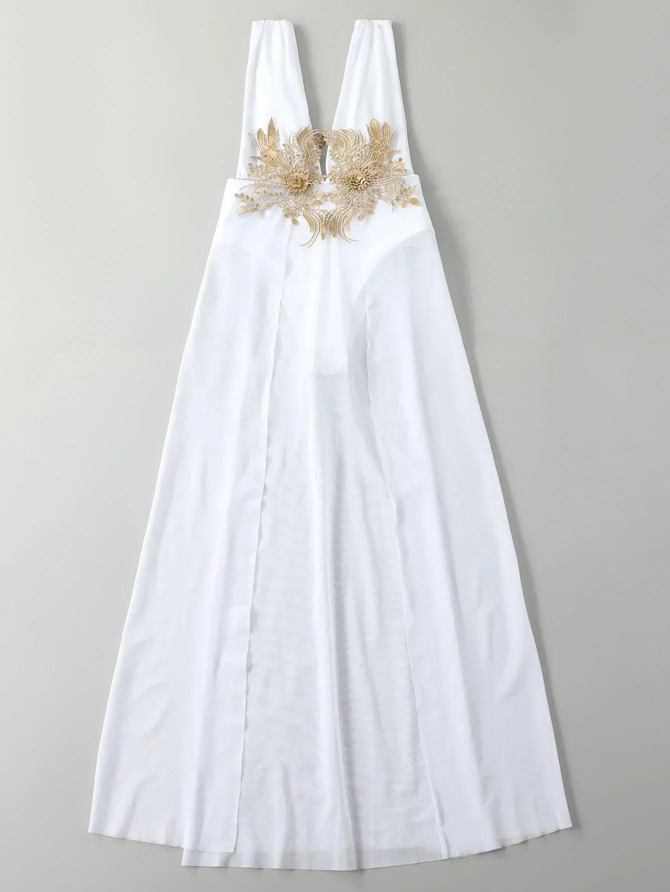 White wedding dress with gold floral lace applique, elegant bridal gown for women's fashion