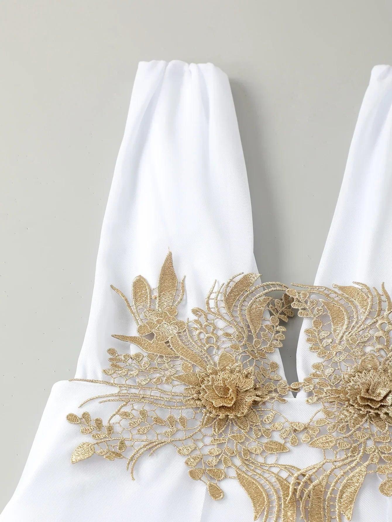 White dress with gold floral lace embroidery and puff sleeves, elegant women's fashion
