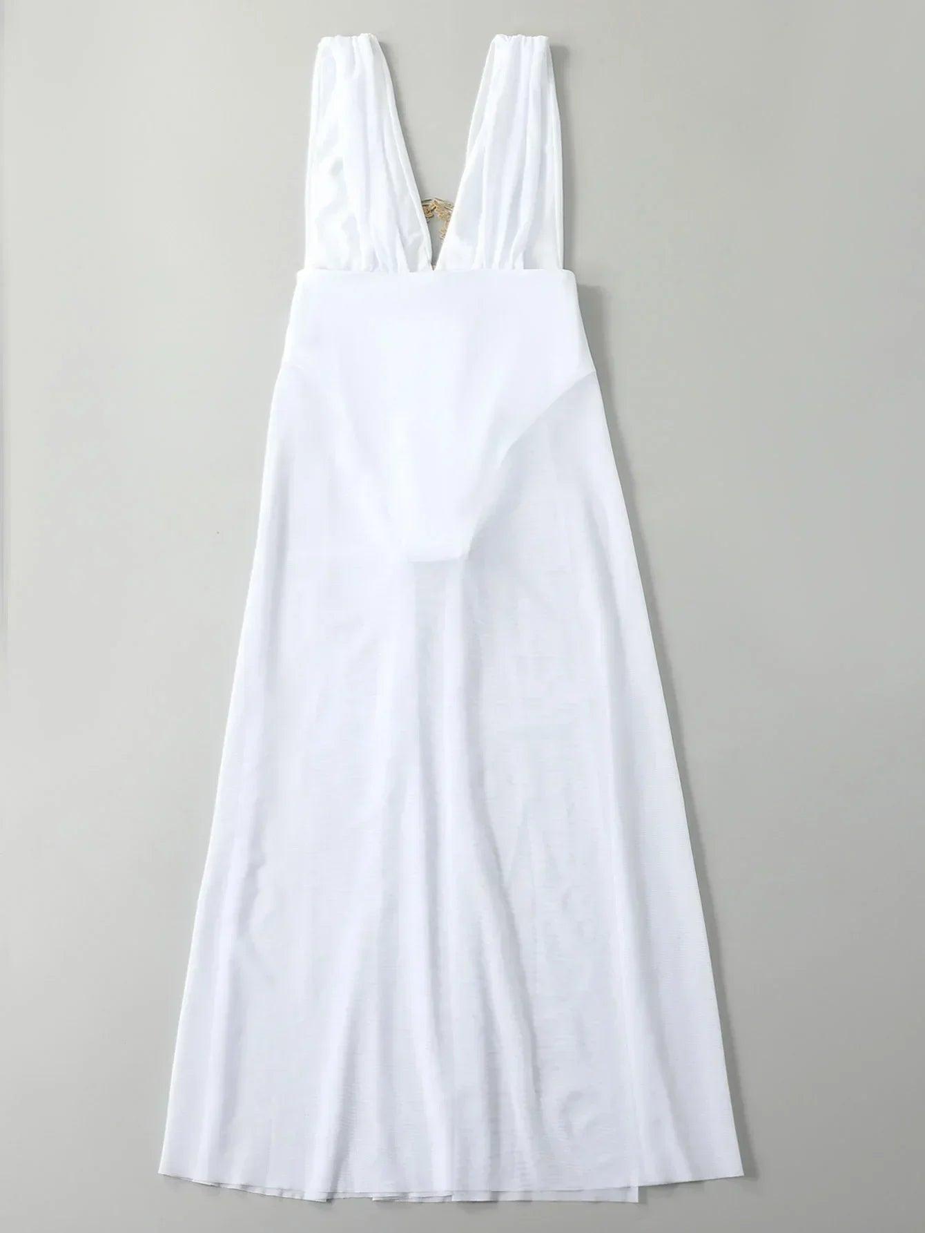 White sleeveless maxi dress with V-back, perfect for women's fashion and summer style