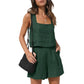 Green sleeveless women's romper with side ties and textured knit, paired with black woven bag