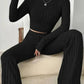 Black ribbed knit women's crop top and wide-leg pants set, stylish fashion outfit