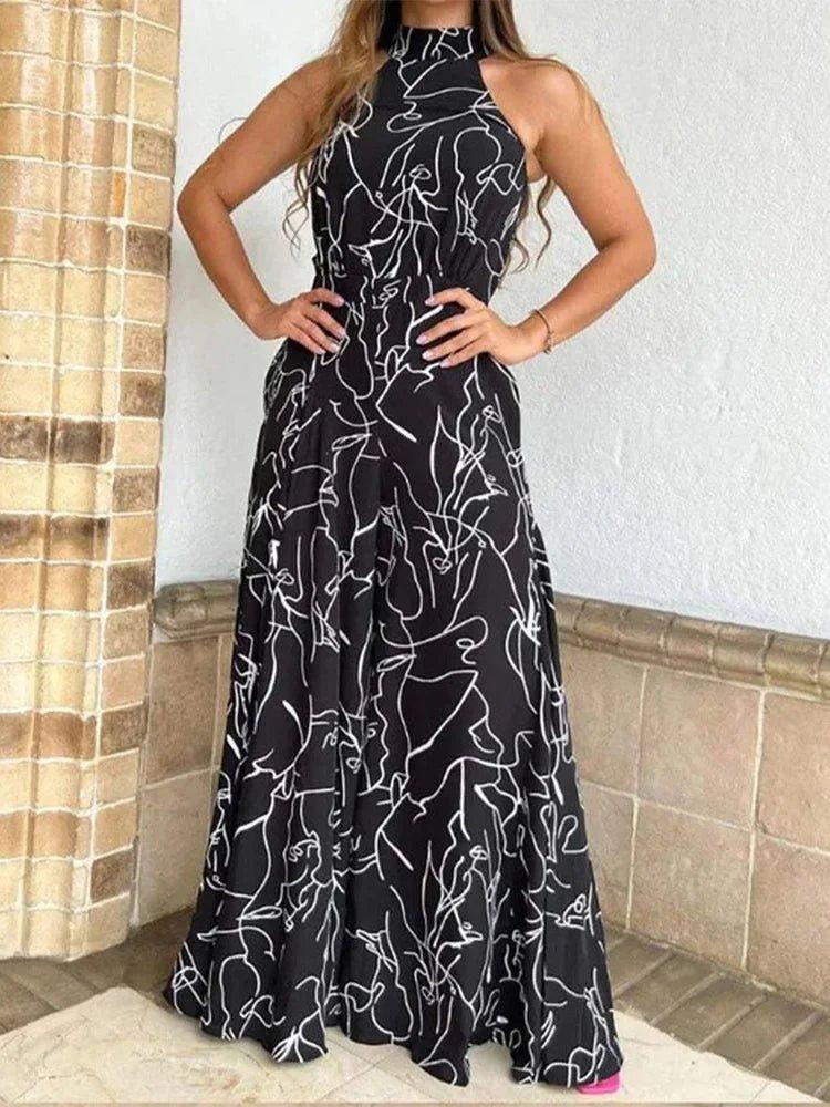Summer European and American women's wear with elegant waist - cinching sash - tie sleeveless off - shoulder long pants printed jumps - Womans Fashion