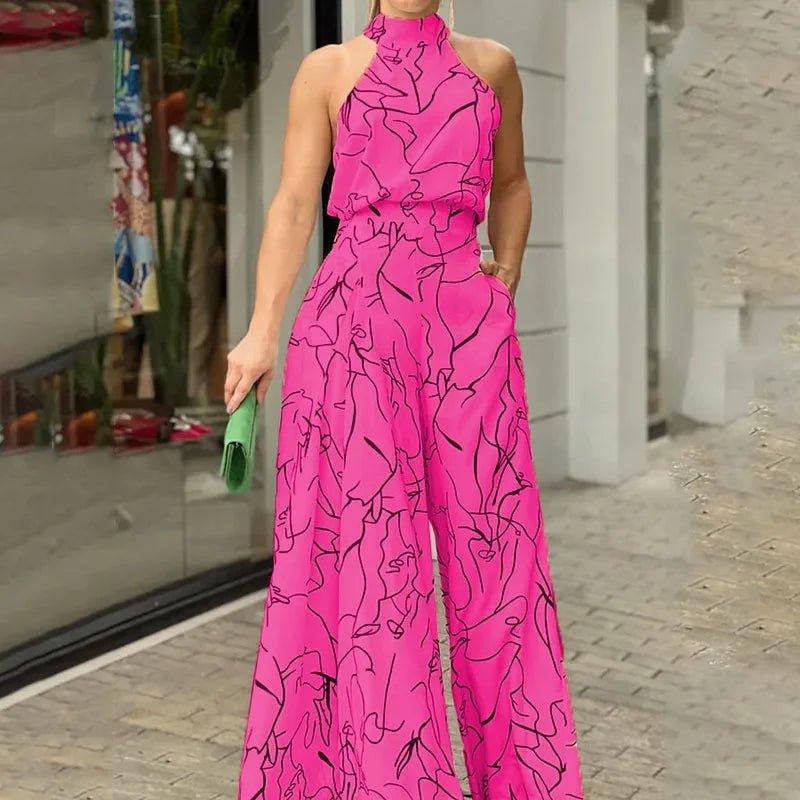 Summer European and American women's wear with elegant waist - cinching sash - tie sleeveless off - shoulder long pants printed jumps - Womans Fashion