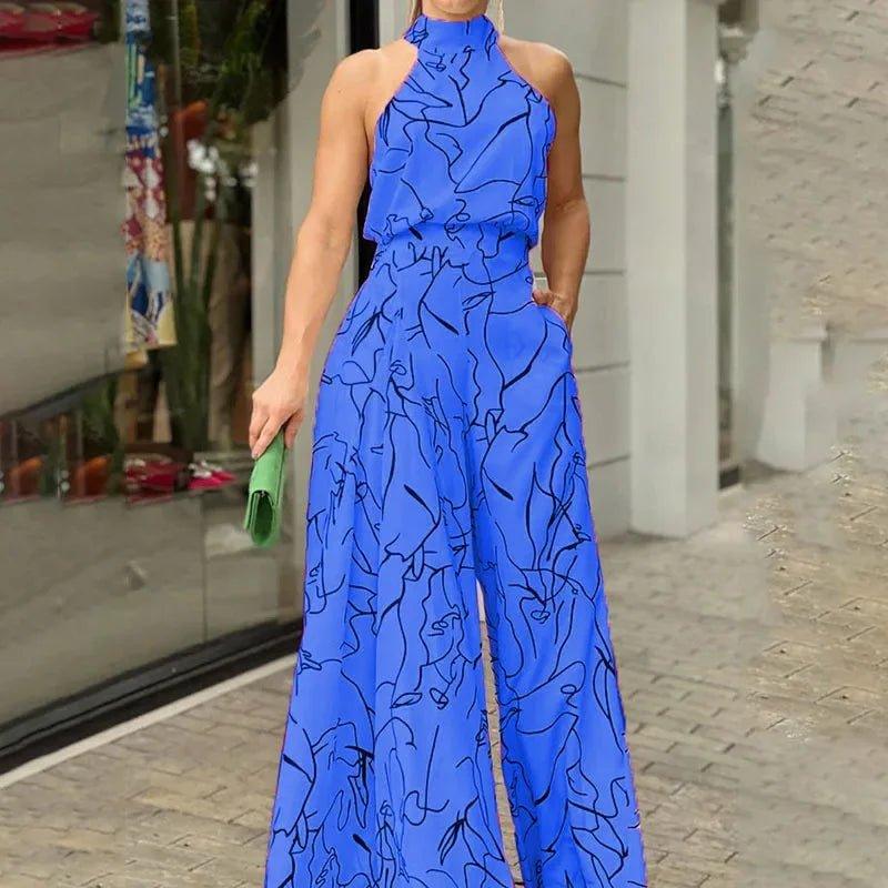 Summer European and American women's wear with elegant waist - cinching sash - tie sleeveless off - shoulder long pants printed jumps - Womans Fashion