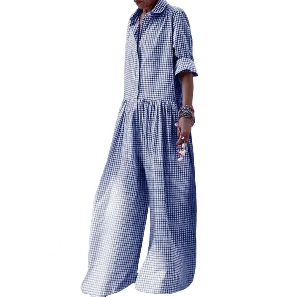 Blue and white gingham women's jumpsuit with wide legs and rolled sleeves, casual fashion outfit