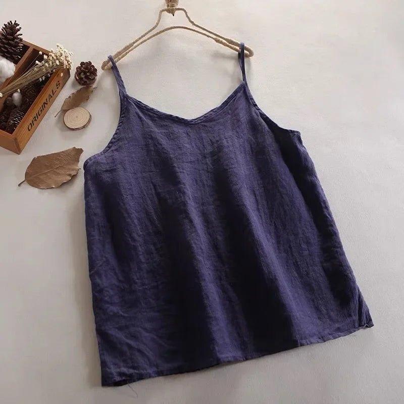 Summer Simple All - match Top Loose Thin Camisole Solid V - neck Vest Women Clothing Sleeveless Casual Highstreet Holiday T-shirt - Womans Fashion