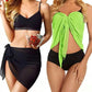 Women's black and green bikini sets with wrap tops and matching bottoms, stylish swimwear for beach fashion