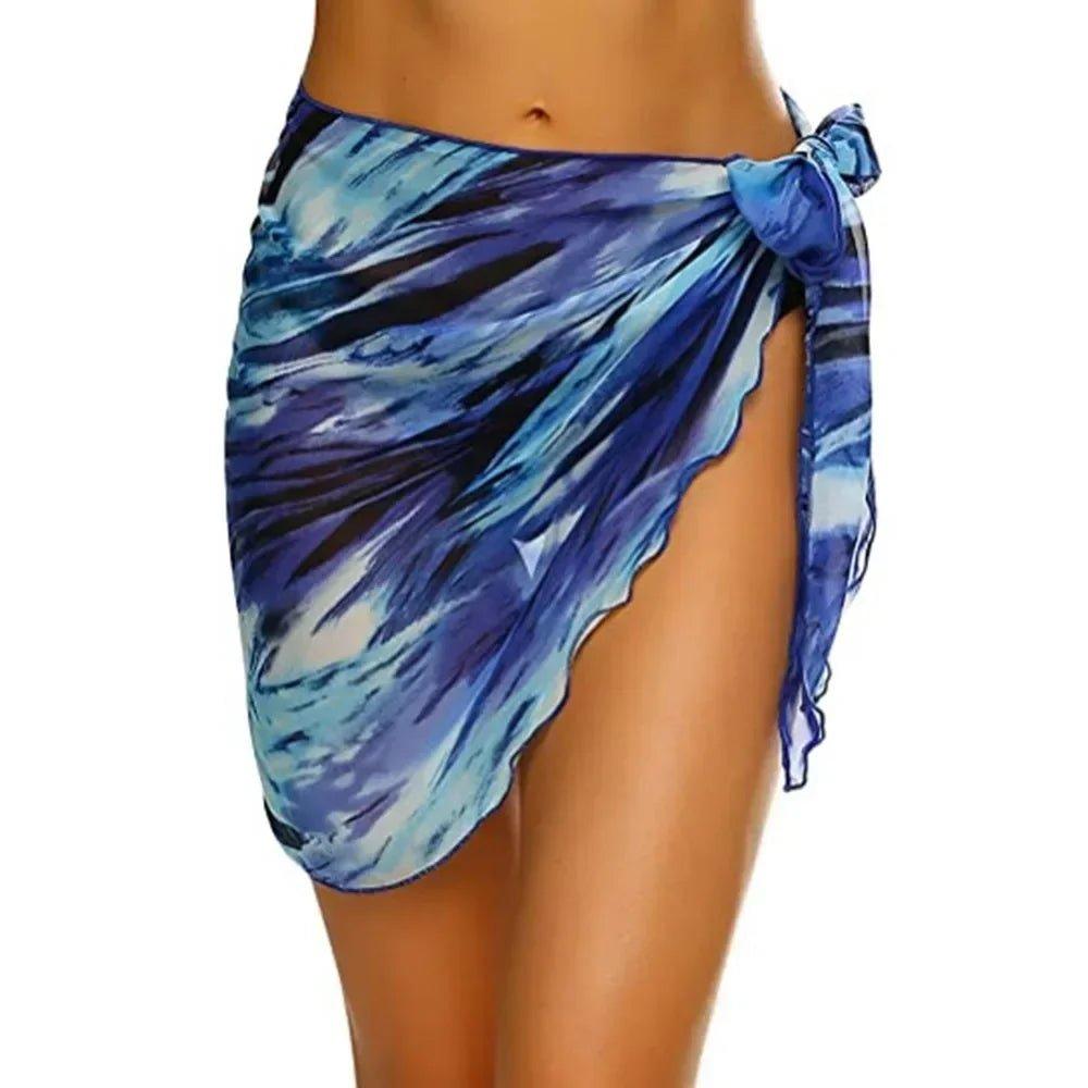 Blue tie-dye wrap skirt with side slit, stylish beachwear for women