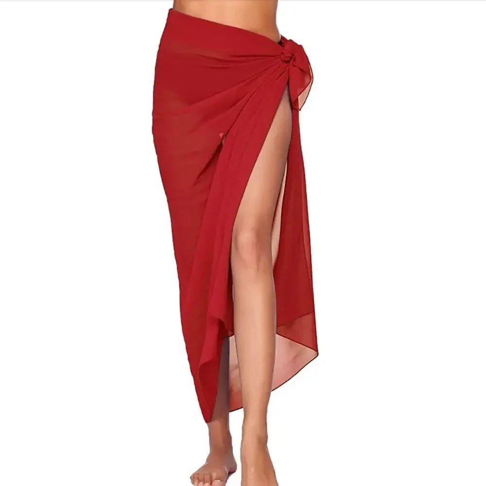 Red wrap skirt with side slit, stylish women's fashion for beach or summer wear
