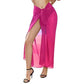 Pink wrap skirt with high slit, tied waist, sheer fabric, paired with black heels for women’s fashion