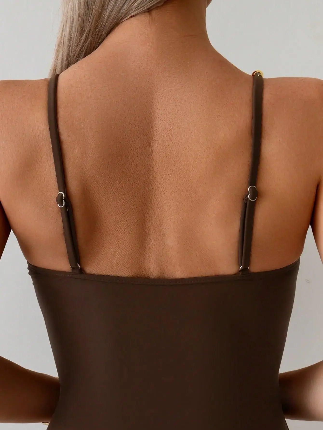 Brown spaghetti strap top with adjustable back straps for women's fashion