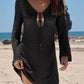Black crochet beach cover-up dress with V-neck and tie detail, perfect for summer fashion