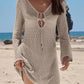 Beach cover-up dress with lace-up front, long sleeves, and crochet knit for women's summer fashion
