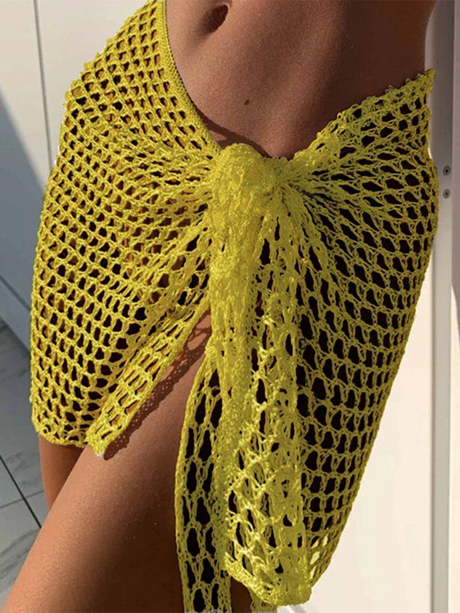 Women Beach Skirt Hollowed Solid Black White Yellow Green Knitted Mini Skirt For Women Summer Vacation Seaside Cover - Up Skirt - Womans Fashion