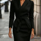 Black wrap blazer dress with belt, stylish women's fashion for office or evening wear