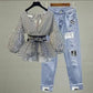 Striped wrap top with puff sleeves and distressed patch jeans, women's fashion set