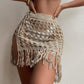 Women Knitted Sarongs Cover - Ups Solid Color Hollow - Out See - Through Tassel Mini Beach Skirts Summer Drawstring Slit Swimsuit - Womans Fashion