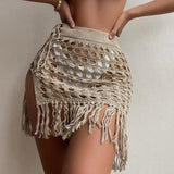 Women Knitted Sarongs Cover - Ups Solid Color Hollow - Out See - Through Tassel Mini Beach Skirts Summer Drawstring Slit Swimsuit - Womans Fashion