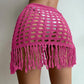 Women Knitted Sarongs Cover - Ups Solid Color Hollow - Out See - Through Tassel Mini Beach Skirts Summer Drawstring Slit Swimsuit - Womans Fashion
