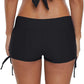 Black high-waisted women's shorts with side ties, back view, fashion activewear