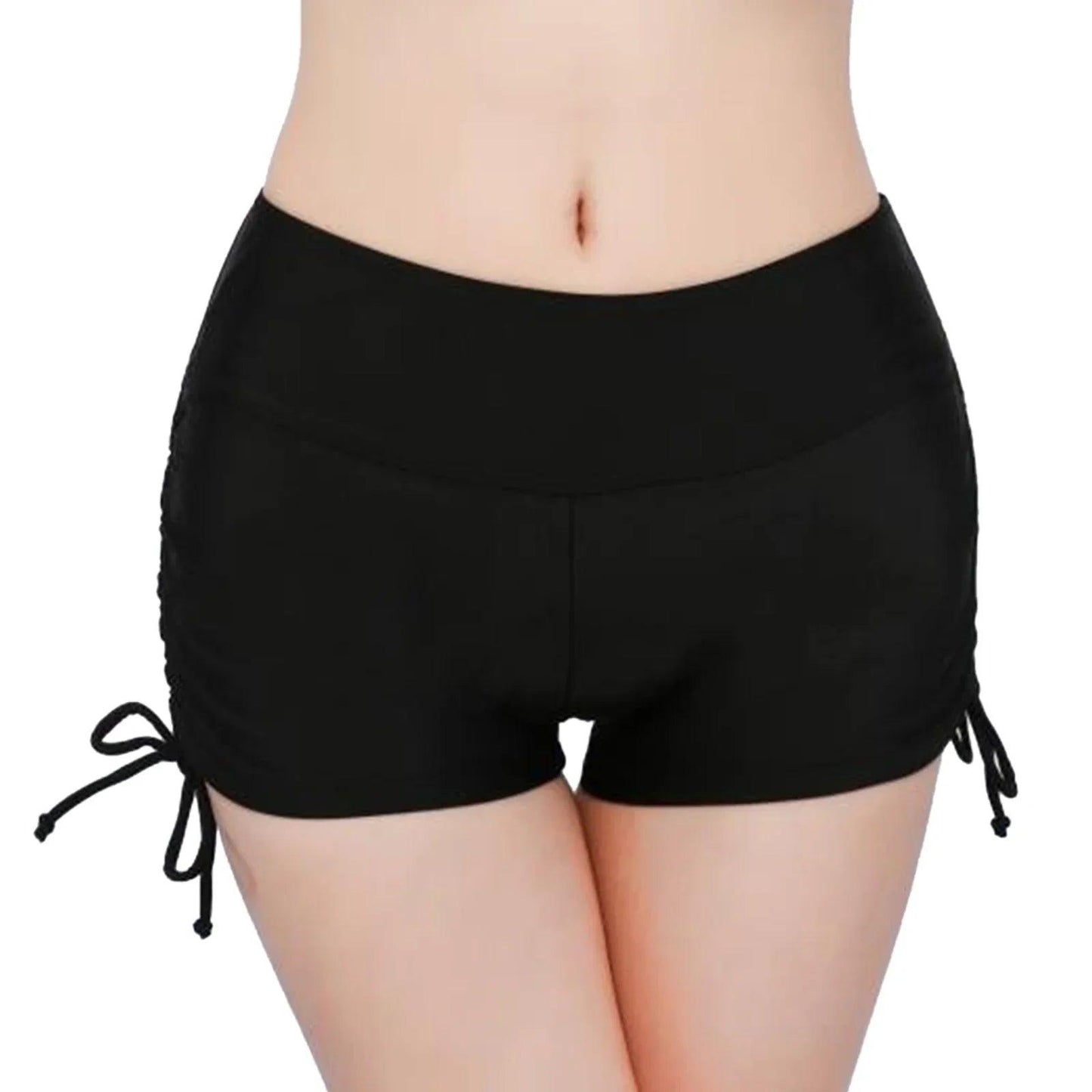 Black women's drawstring shorts with side ties, stylish and comfortable fashion bottomwear