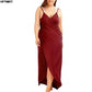Burgundy plus size maxi dress with V-neck and side slit, elegant women's fashion