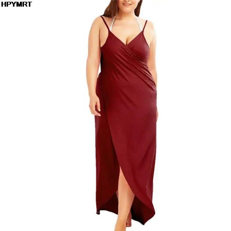 Burgundy plus size maxi dress with V-neck and side slit, elegant women's fashion