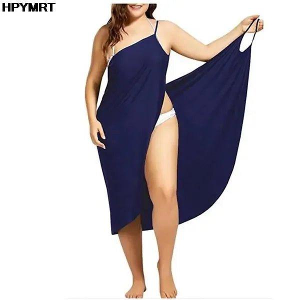 Navy blue women's beach cover-up dress with high slit, stylish swimwear accessory for summer fashion