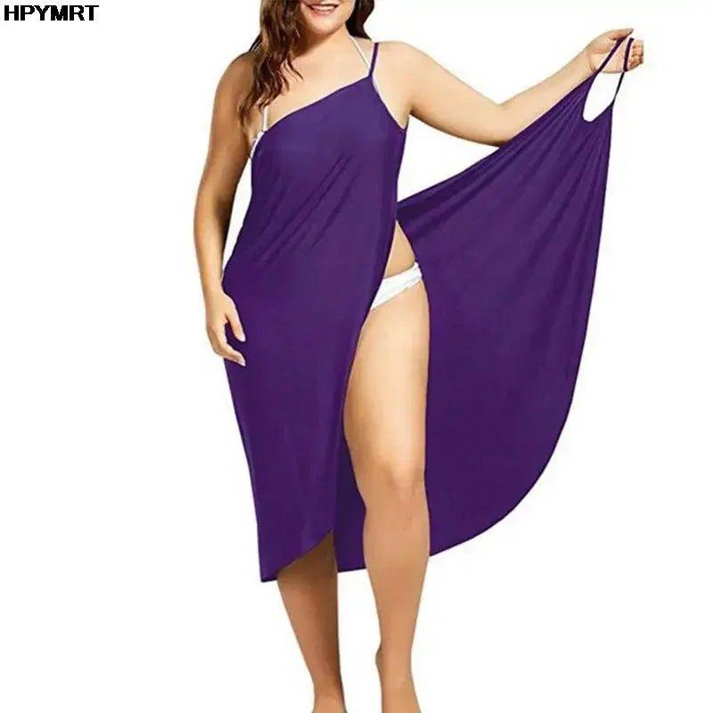 Purple one-shoulder beach cover-up dress with high slit, stylish swimwear accessory for women