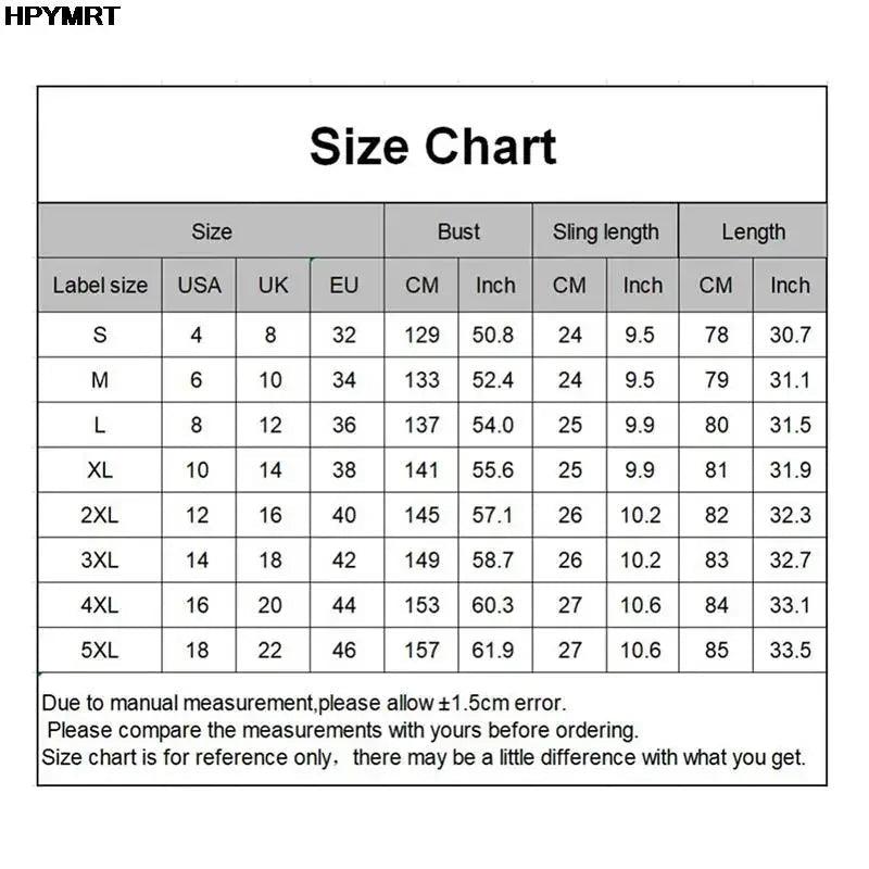 Women's fashion size chart with bust, sling length, and garment measurements in cm and inches for accurate fit