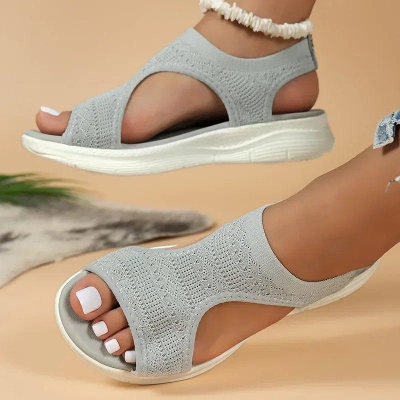 Light gray knit women's sandals with white platform sole, stylish summer footwear for casual wear