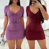 Women's ribbed mini dresses with lace-up front in purple and burgundy, stylish fashion outfits