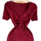 Red ribbed knit dress with V-neck, puff sleeves, and front tie waist for women's fashion