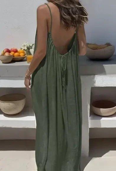 Woman in olive green backless maxi dress, summer fashion, beach style, casual elegance