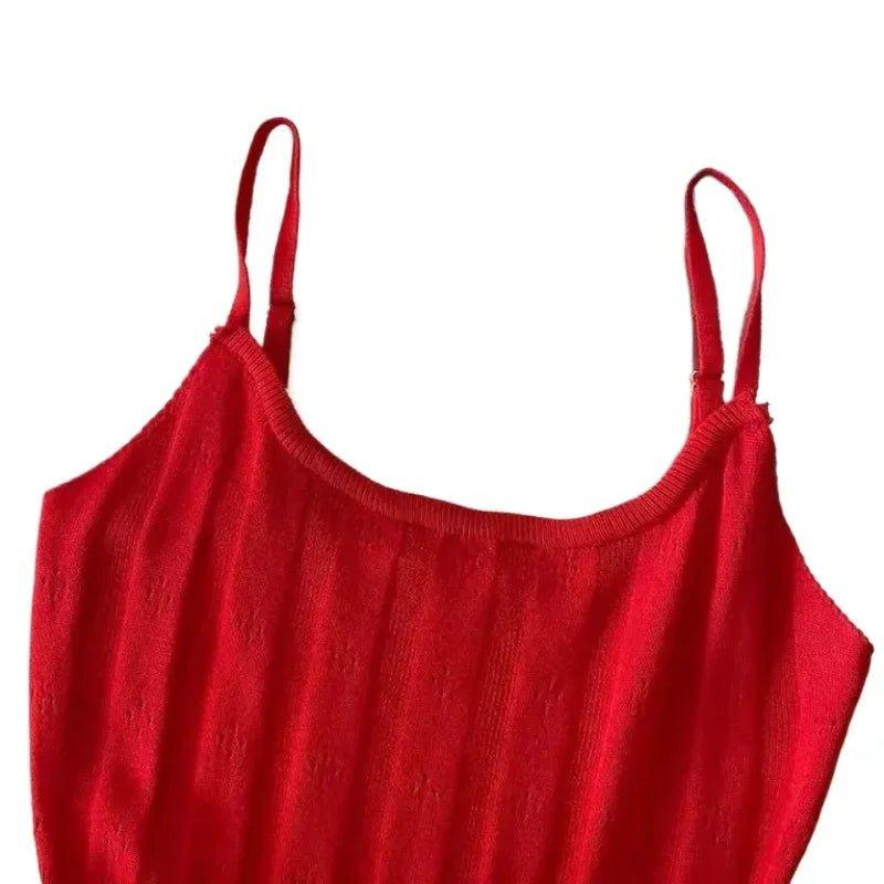Red women's knit camisole top with thin straps, fashion apparel