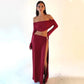 Burgundy off-shoulder crop top and high slit maxi skirt set for women's fashion