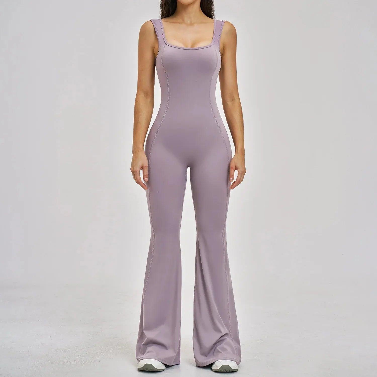 Lavender women's fitness jumpsuit with wide legs and square neckline, perfect for yoga or gym wear.