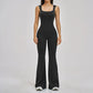 Black women's sleeveless jumpsuit with flared legs, stylish fashion outfit